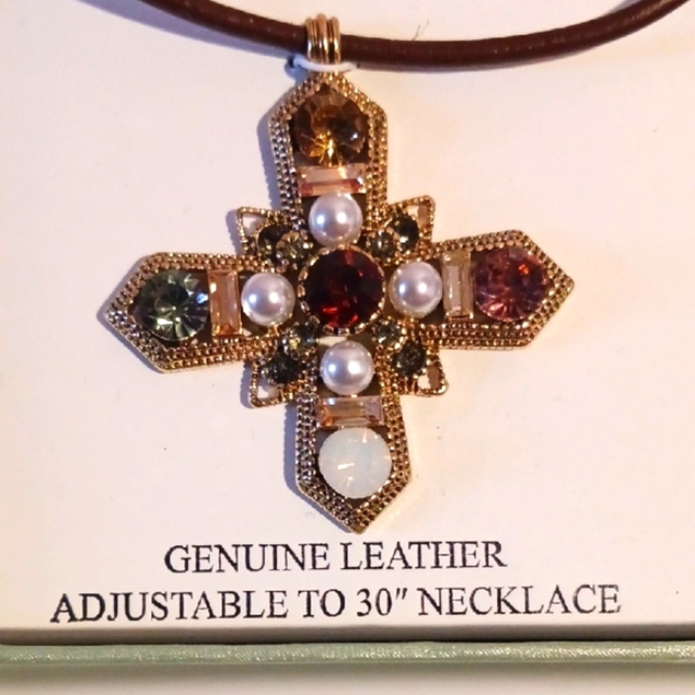 Atterri ⚜️ Multicolor Jeweled Pendant Necklace Genuine Leather Adjustable 30" ⚜️